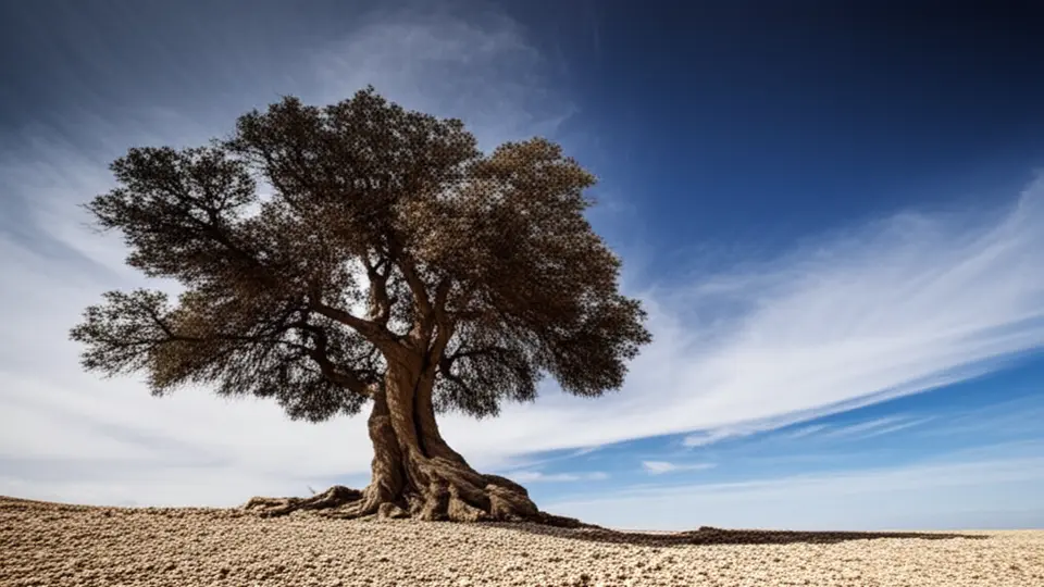 Uma árvore centenária com tronco retorcido em um terreno árido, sob um céu azul com nuvens brancas.