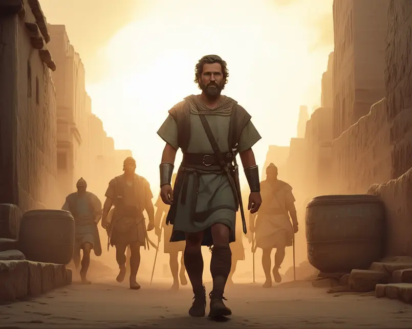 Um comandante israelita lidera seus soldados em uma rua de pedra sob uma luz dourada.