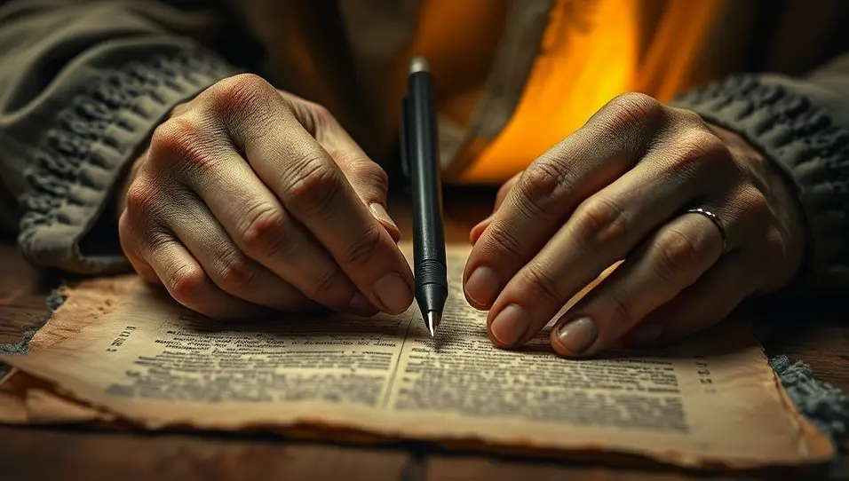 Mãos segurando uma caneta sobre um pergaminho com texto antigo, sugerindo a escrita sagrada e a devoção.