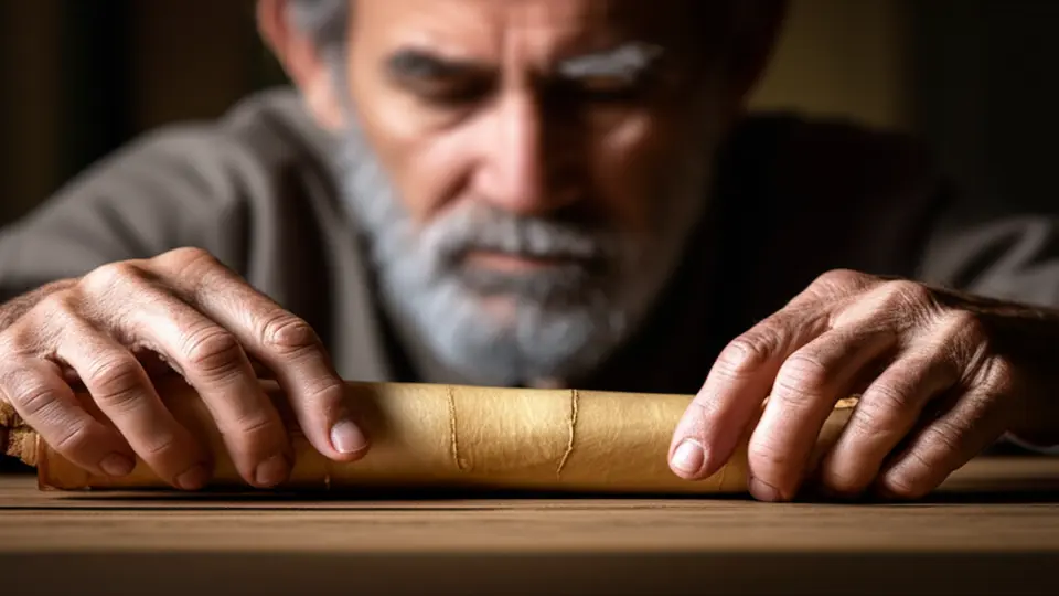Homem idoso com barba branca concentrado em um pergaminho antigo sobre uma mesa de madeira.