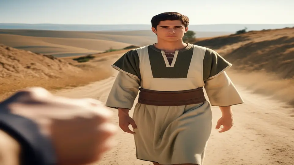 Jovem discípulo vestindo trajes tradicionais caminha por uma estrada de terra em um ambiente desértico, sendo seguido por seu mentor, cuja mão está visível em primeiro plano.