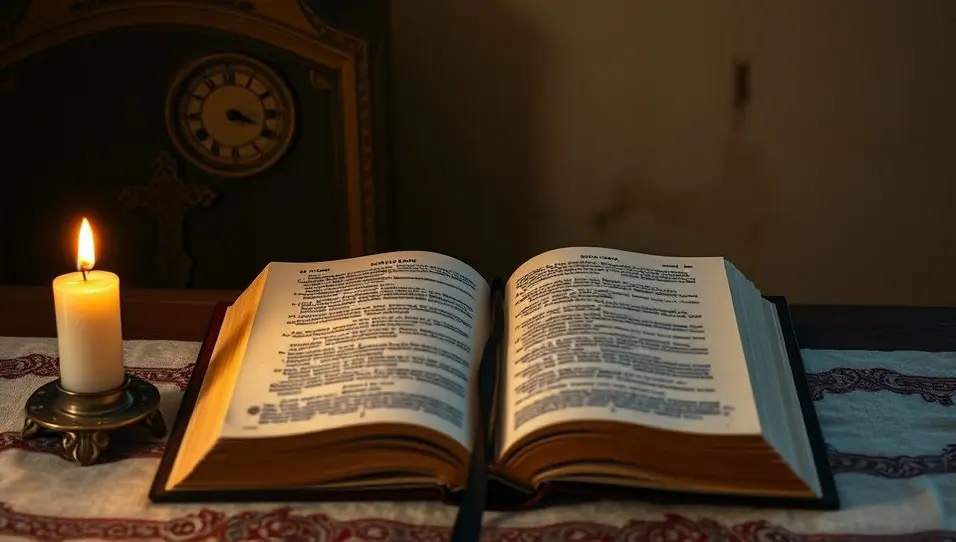 Bíblia aberta iluminada por uma vela, simbolizando a luz da revelação em um estudo bíblico.