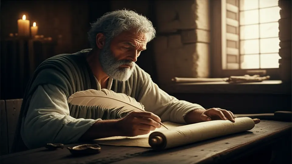 O apóstolo Paulo, um homem idoso de barba branca, concentrado em escrever com uma pena em um pergaminho à luz de velas.