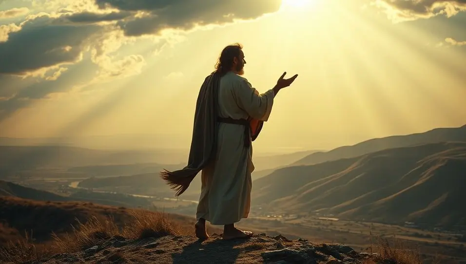 Um profeta com barba e longos cabelos, vestindo túnica, em pé no topo de uma montanha com as mãos erguidas em direção ao céu iluminado pelo sol.