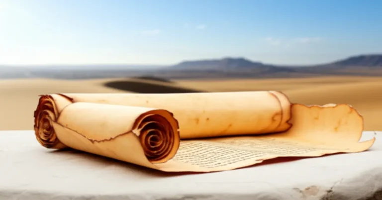 Um pergaminho antigo em um deserto ensolarado, possivelmente contendo informações sobre quem foi Corá na Bíblia.