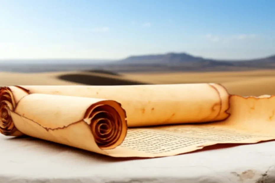 Um pergaminho antigo em um deserto ensolarado, possivelmente contendo informações sobre quem foi Corá na Bíblia.