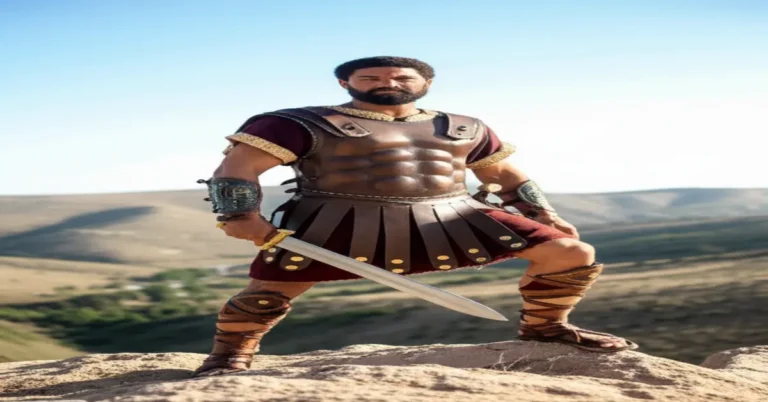 Representação de um guerreiro bíblico, possivelmente Joabe, com armadura e espada em cenário de campo.