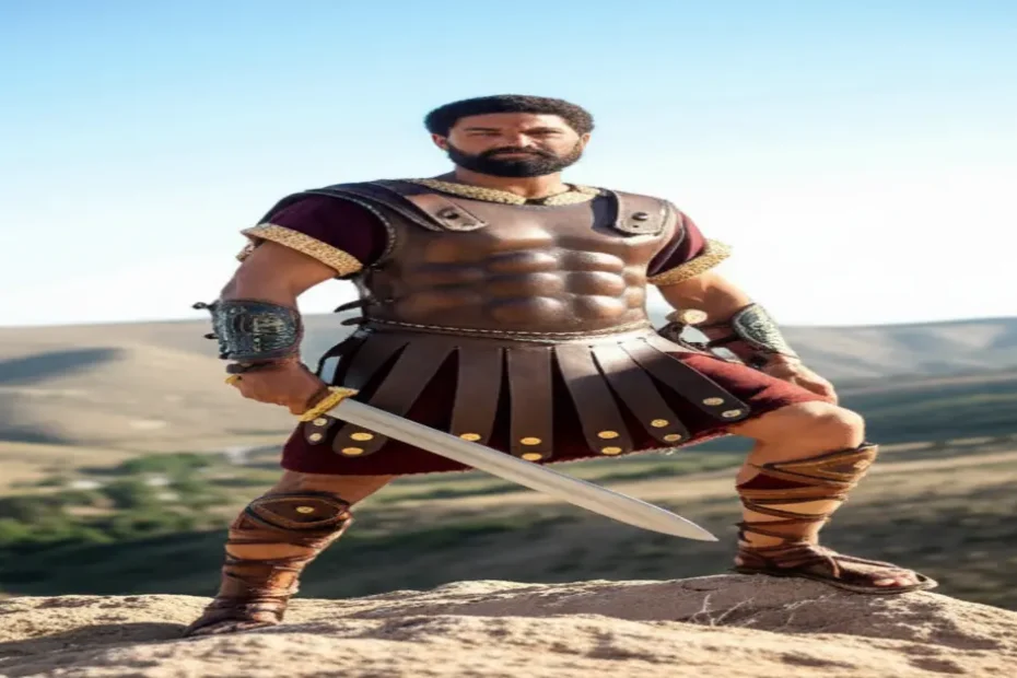 Representação de um guerreiro bíblico, possivelmente Joabe, com armadura e espada em cenário de campo.