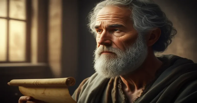 Ilustração de Paulo, o apóstolo, segurando um pergaminho e olhando para longe, refletindo sobre a sabedoria bíblica.