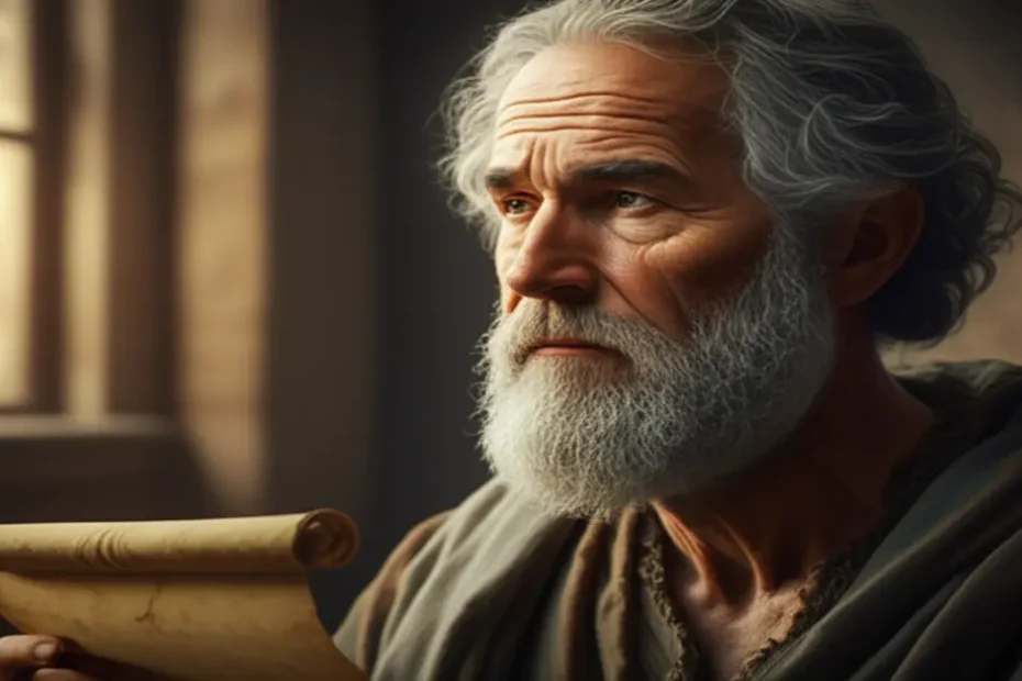 Ilustração de Paulo, o apóstolo, segurando um pergaminho e olhando para longe, refletindo sobre a sabedoria bíblica.