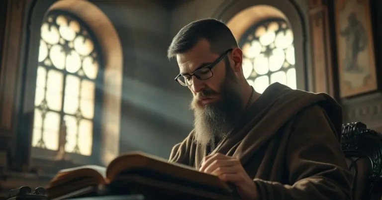 Homem barbudo, com óculos, concentrado na leitura de um livro antigo em um ambiente com janelas grandes.