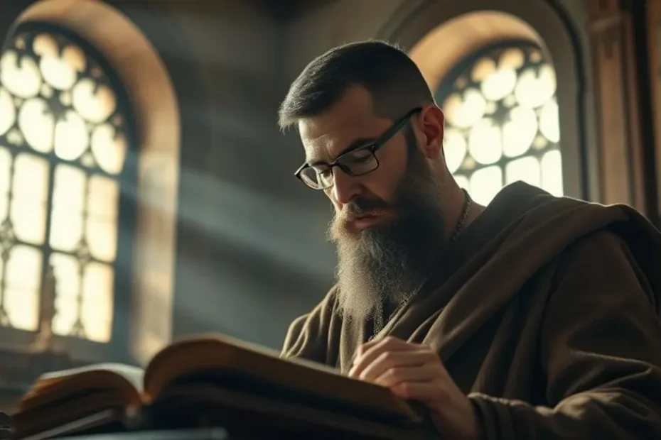 Homem barbudo, com óculos, concentrado na leitura de um livro antigo em um ambiente com janelas grandes.