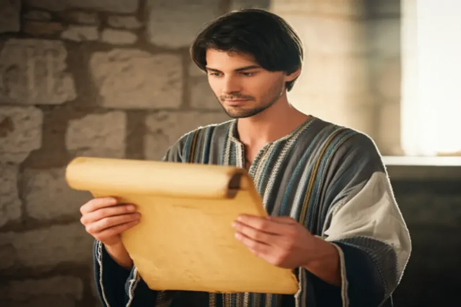 Retrato realista de Timóteo na Bíblia lendo um pergaminho em um ambiente antigo.